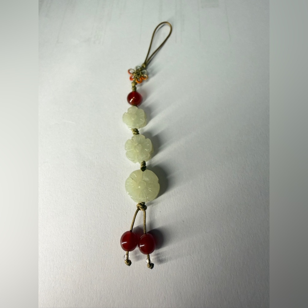 Jade Flower & Red Agate Pendant phone charm bag charm keychain